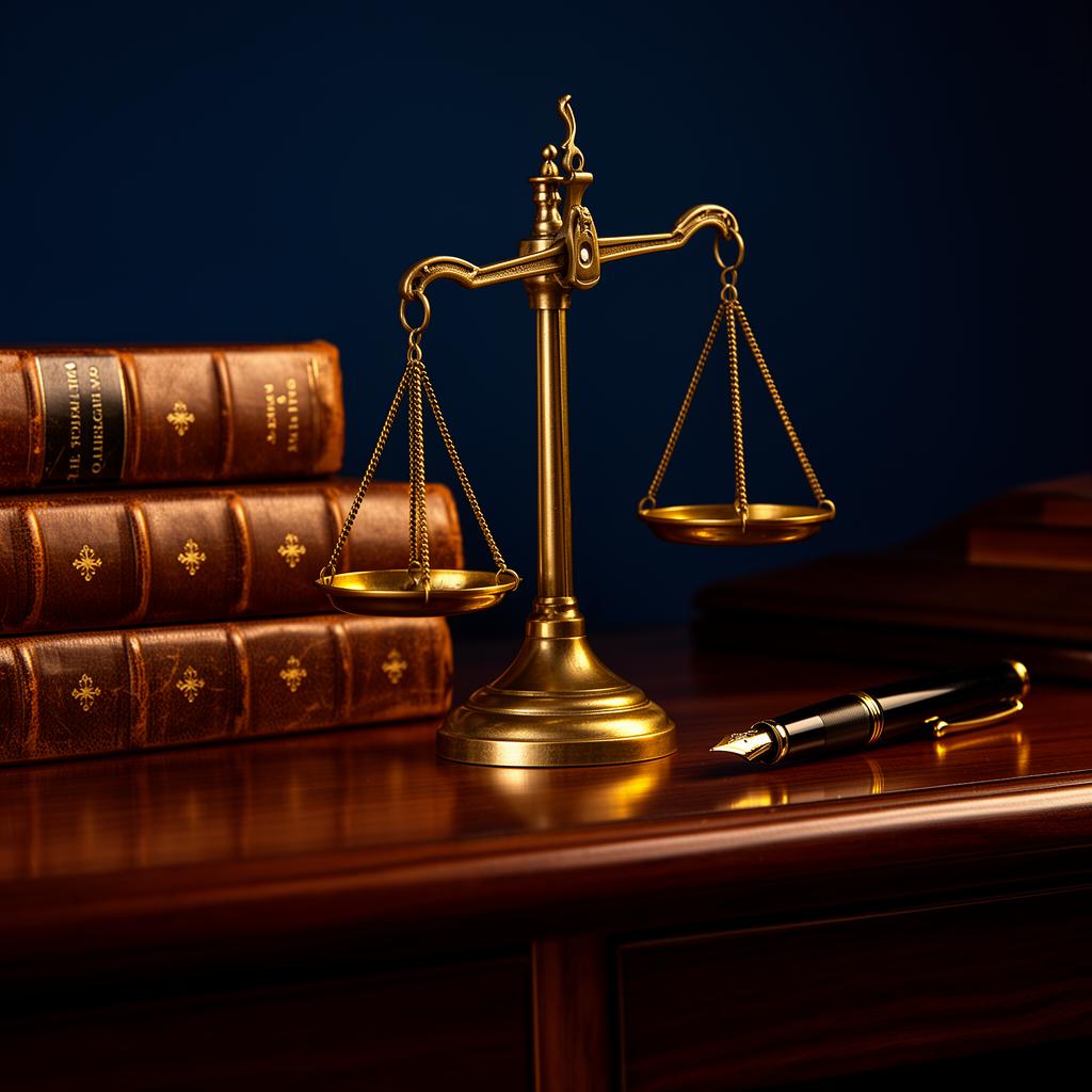 Brass scales of justice on a polished desk